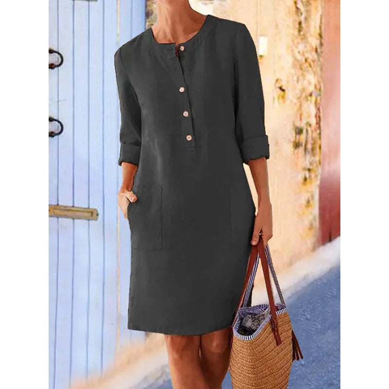 Women's Cotton Linen Tunic Dress – Long Sleeve Vintage Straight Oversized Casual Dress