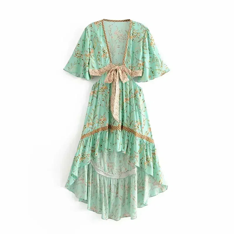 Bohemian Hollow Out Beach Dress — Short Sleeve High-Low Boho Maxi Dress