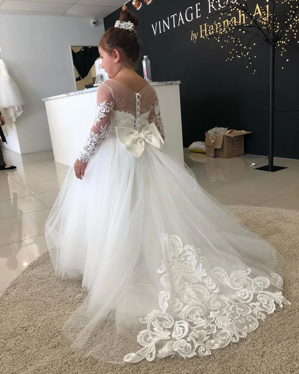 Long Sleeve Flower Girl Dress — White Lace Tulle First Communion & Bridesmaid Dress