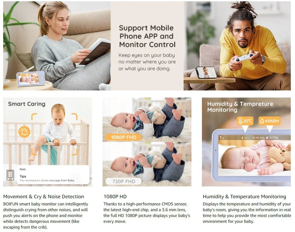 5" WiFi Baby Monitor – PTZ 355°, 3x Zoom, Night Vision, 2-Way Audio, App + Monitor, 22H Battery