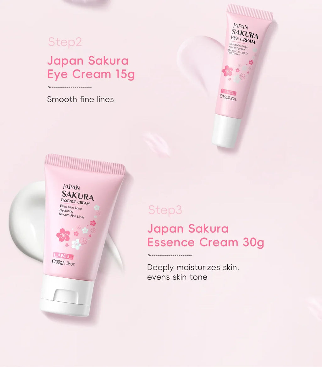 LAIKOU Sakura Skincare Gift Set – Brightening Serum, Eye Cream & Essence Cream 3-Piece Box