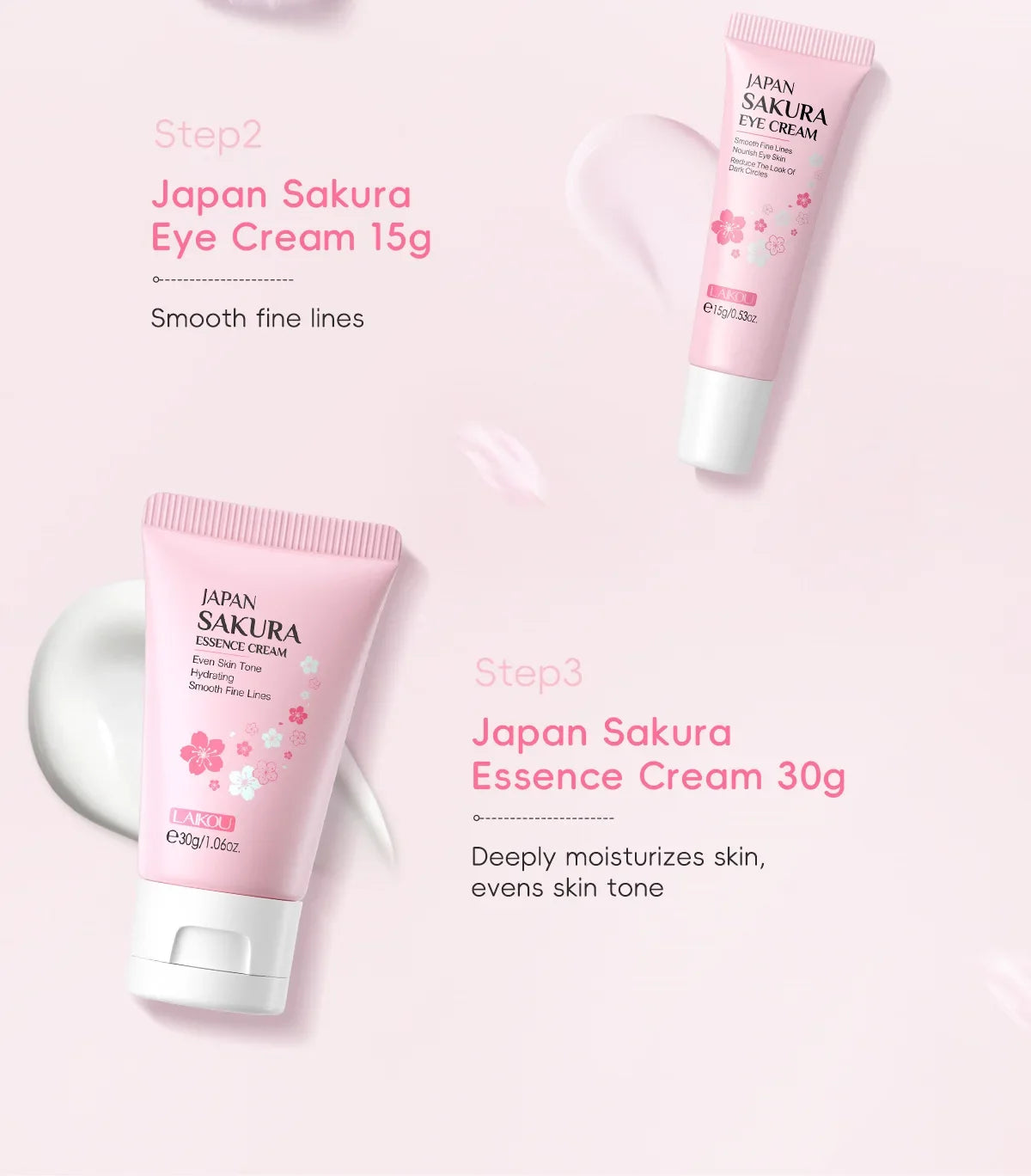 LAIKOU Sakura Skincare Gift Set – Brightening Serum, Eye Cream & Essence Cream 3-Piece Box