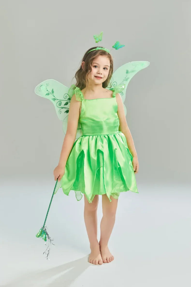 Tinkerbell Fairy Princess Dress — Green Elf Costume with Wings for Girls
