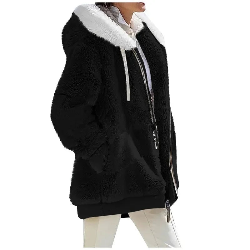 Women's Hooded Zip-Up Fleece Jacket – Loose Casual Solid Color Coat