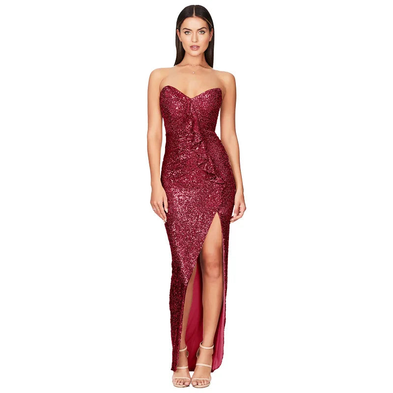 Strapless Sequin Slit Party Prom Dress — Elegant Evening Birthday Dress