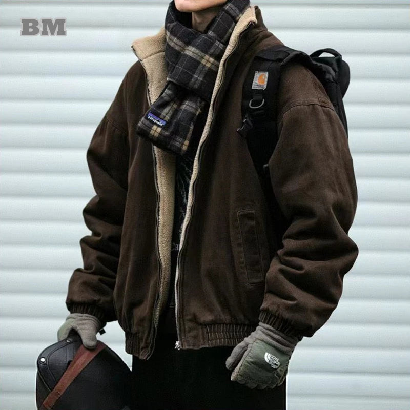 Men's Vintage Polar Fleece Jacket — Korean Streetwear Loose Warm Coat