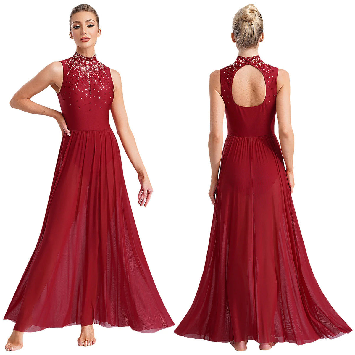 Rhinestone Maxi Sleeveless Contemporary Dance Dress — Mock Neck Wide Hemline Lyrical Leotard