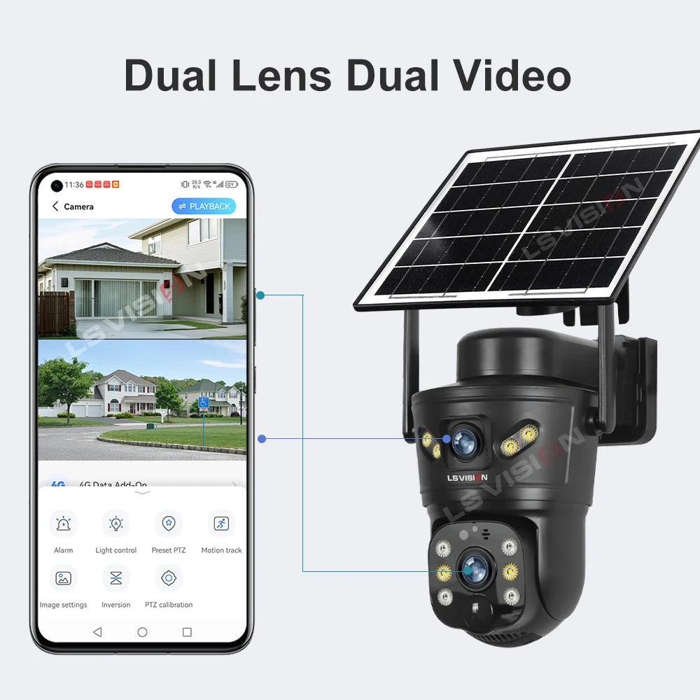 8MP Dual Lens Solar Security Camera – 4G/WiFi, PTZ 355°, PIR Human Detection, Night Vision | Outdoor CCTV