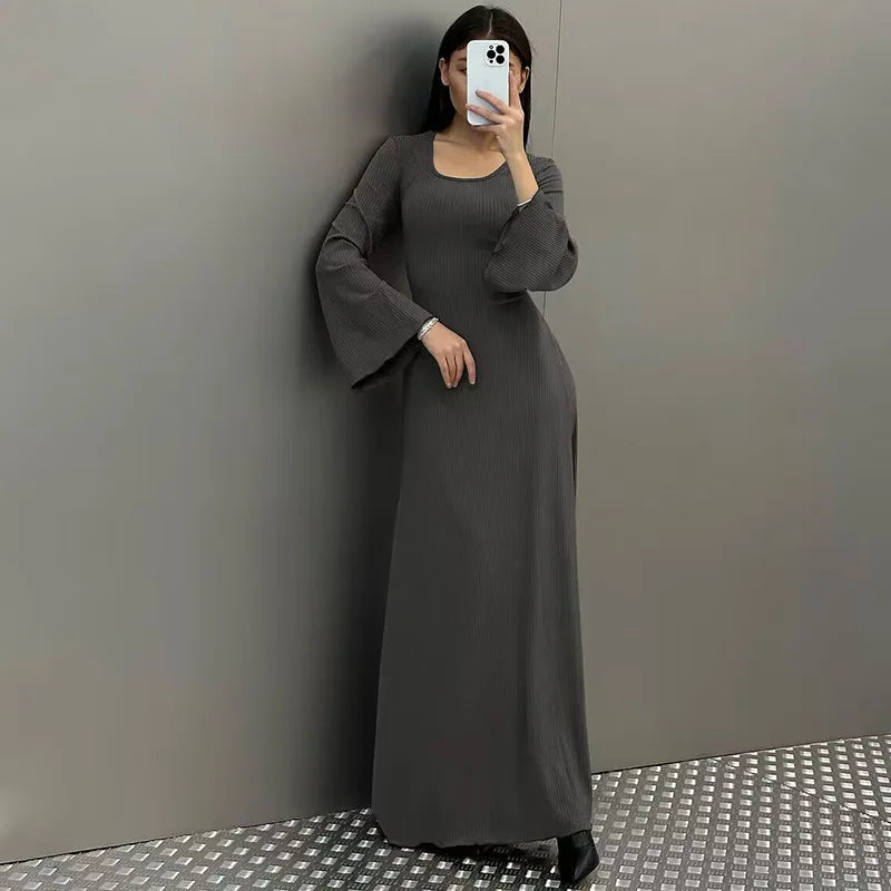 Long Flare Sleeve Maxi Dress — Slim Lace-Up Floor-Length Casual Office Dress
