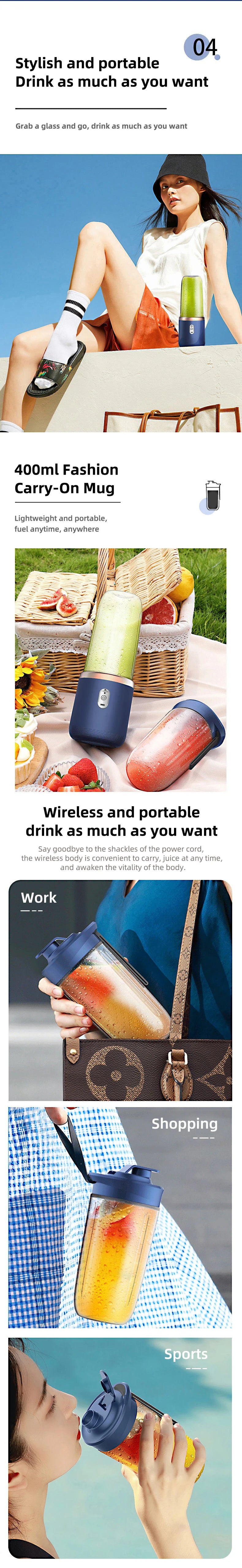 HOMEFISH 400ml Portable Electric Blender Bottle – 6-Blade USB Rechargeable Smoothie & Juice Blender, Ice Crush, CE/ROHS