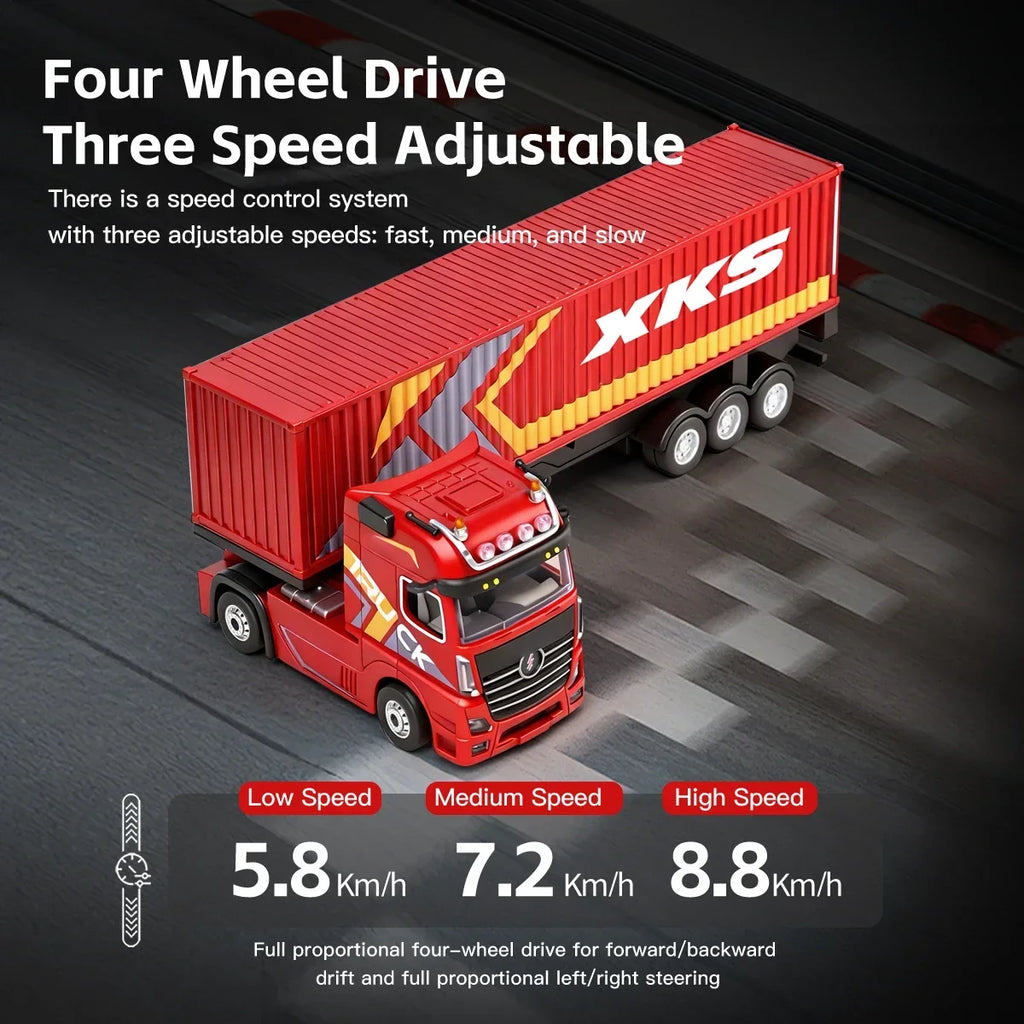 1:64 Mini Alloy RC Container Truck with Trailer – 4WD Drift Remote Control Tractor for Kids