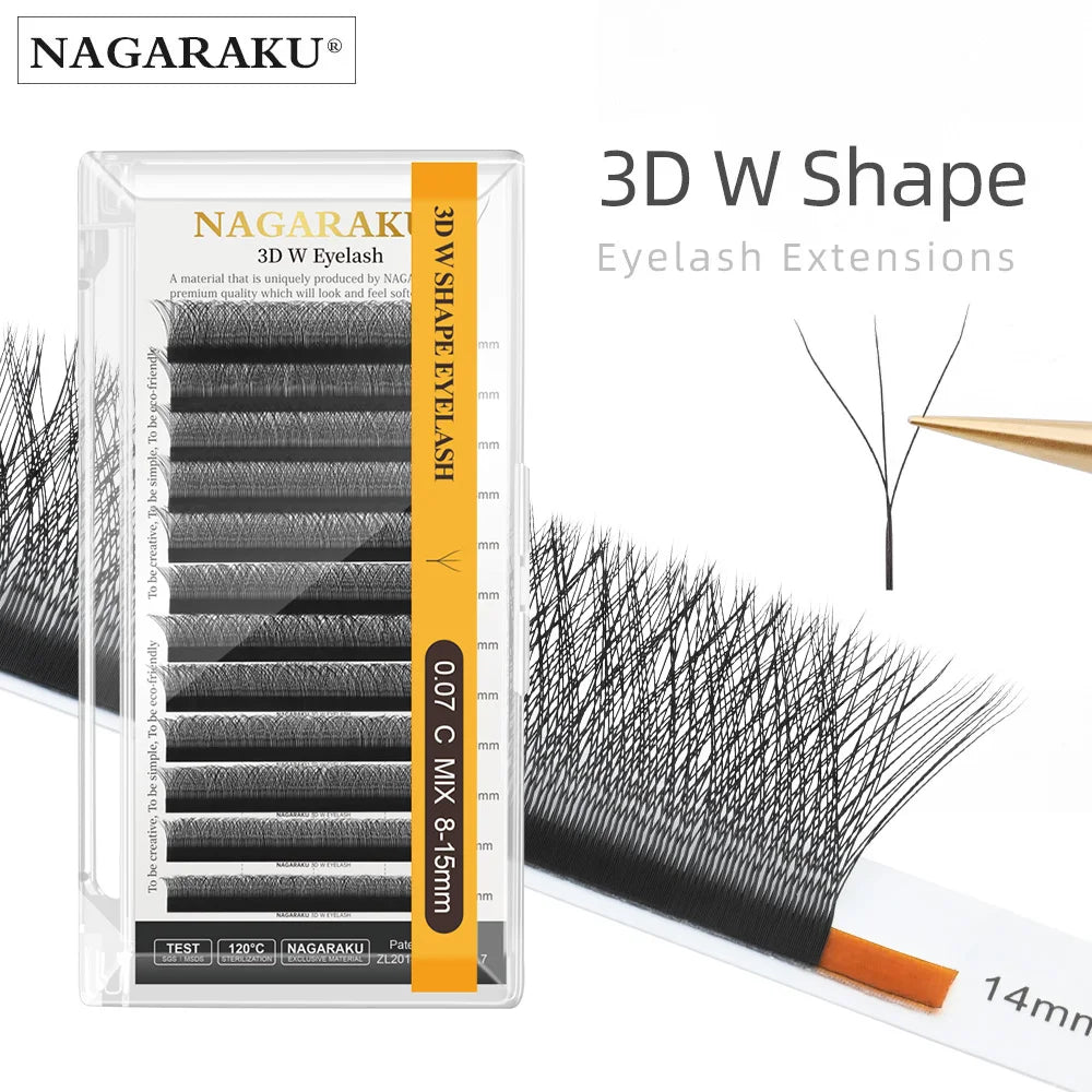 Salon-Perfect Lashes. Every Time. — NAGARAKU W Shape Premade Fan Eyelash Extensions | 3D 4D 5D, C & D Curl, 0.07mm, 8–15mm, Natural Soft Light