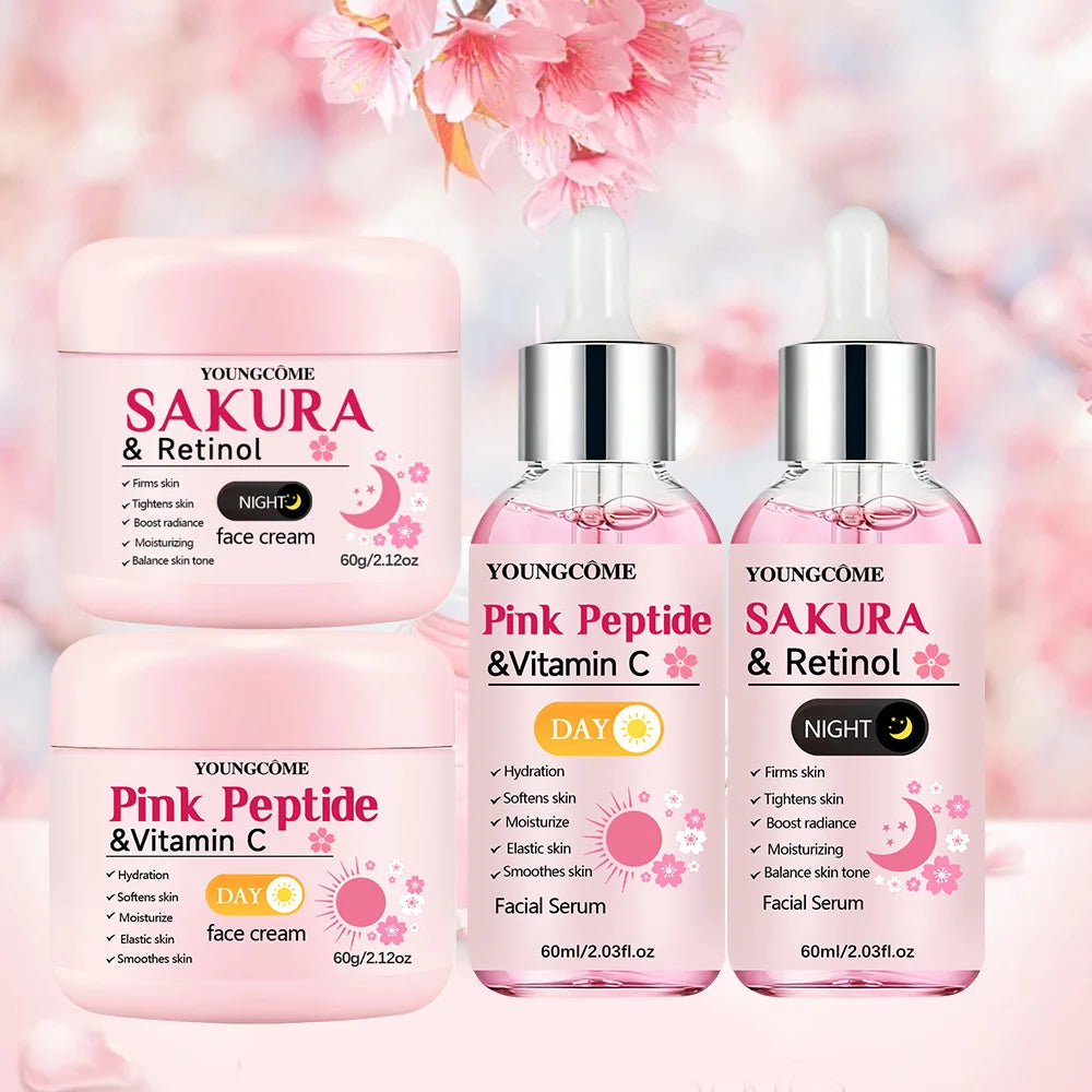 4-Piece Day & Night Skincare Set – Peptide Vitamin C Day Cream & Serum + Sakura Retinol Night Cream & Serum
