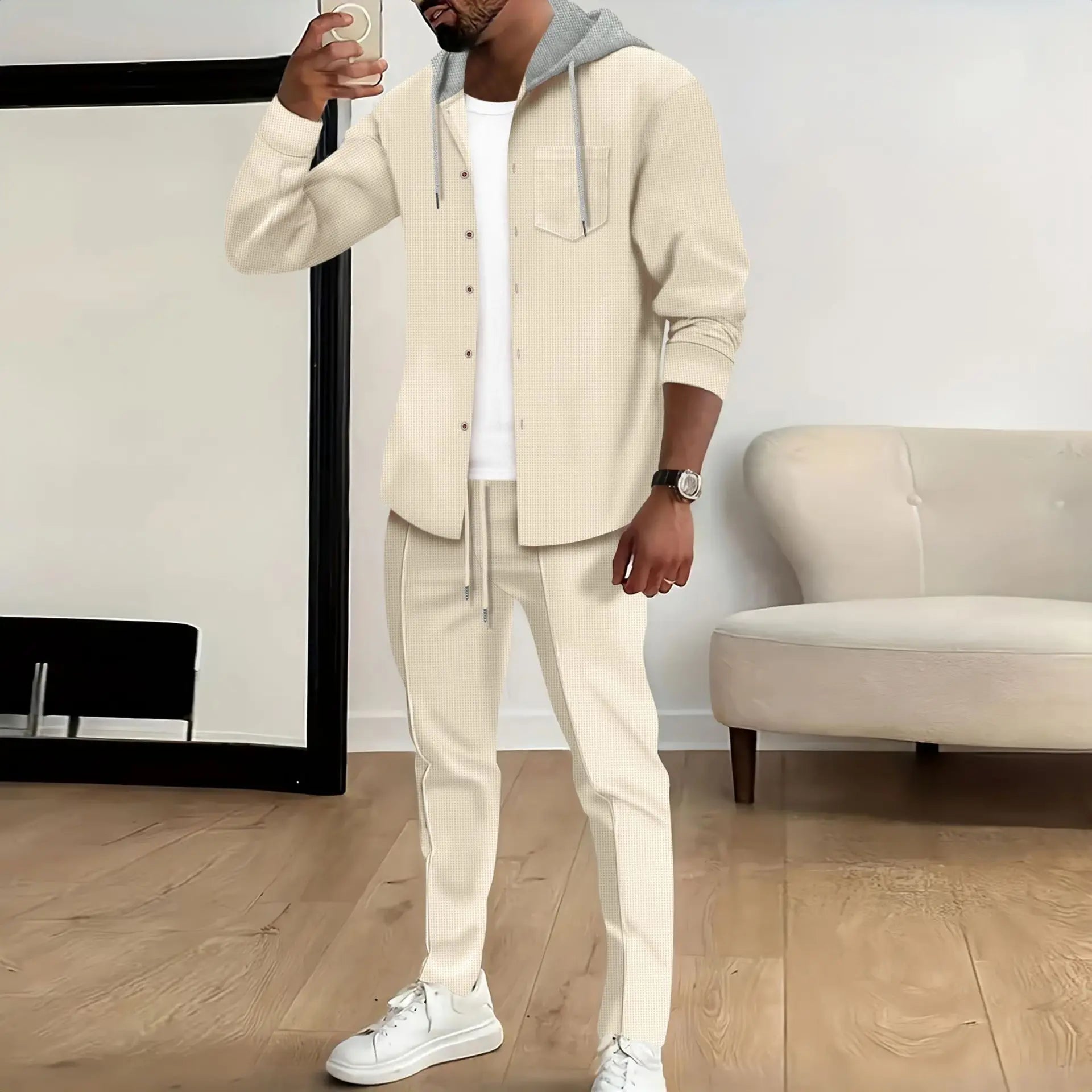 Men's Waffle Knit Slim-Fit Hooded Cardigan & Pants Tracksuit