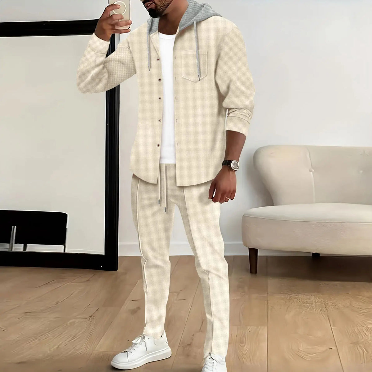 Men's Waffle Knit Slim-Fit Hooded Cardigan & Pants Tracksuit