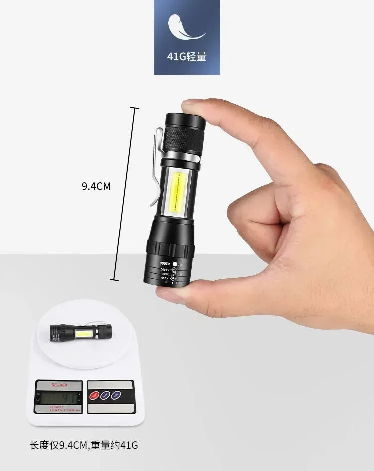 COB+XPE Mini Zoomable Flashlight – 350 Lumen, 3-Mode, USB Rechargeable, Pen Clip, Waterproof Camping Torch