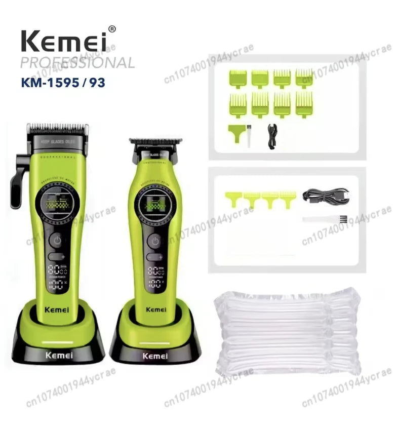 Kemei KM-1593 / KM-1595 Brushless Hair Clipper – DLC Blade, 8000 RPM, 200-Min Runtime, USB-C
