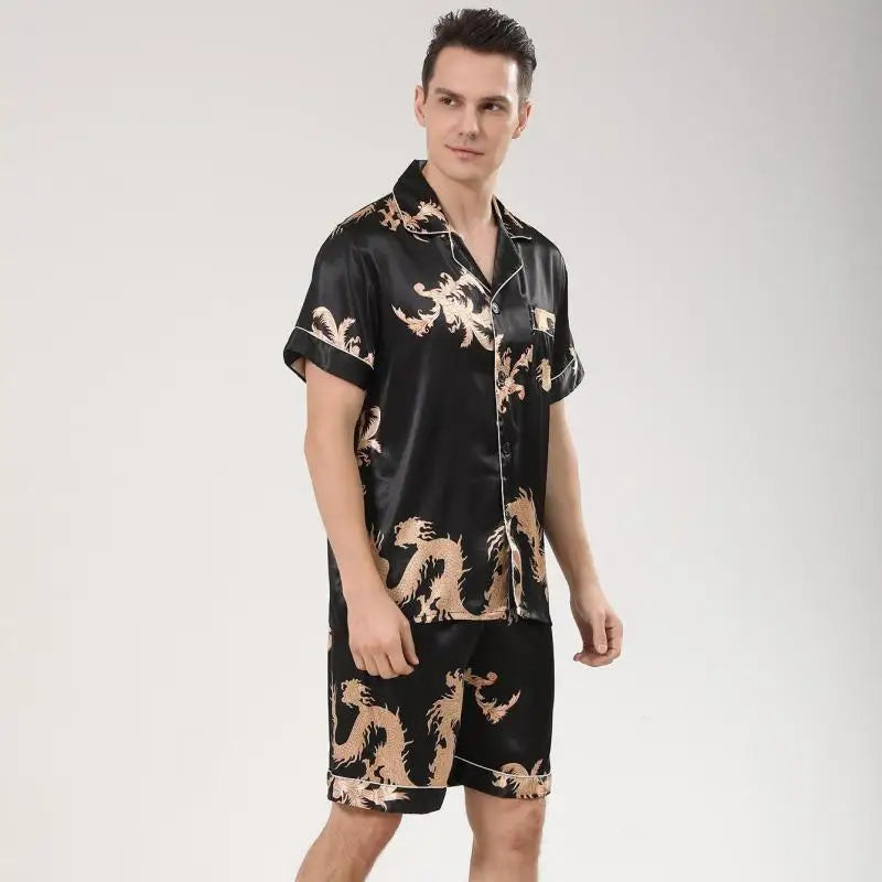 Men's Dragon Print Satin Pajama Set — Lapel Shirt & Shorts