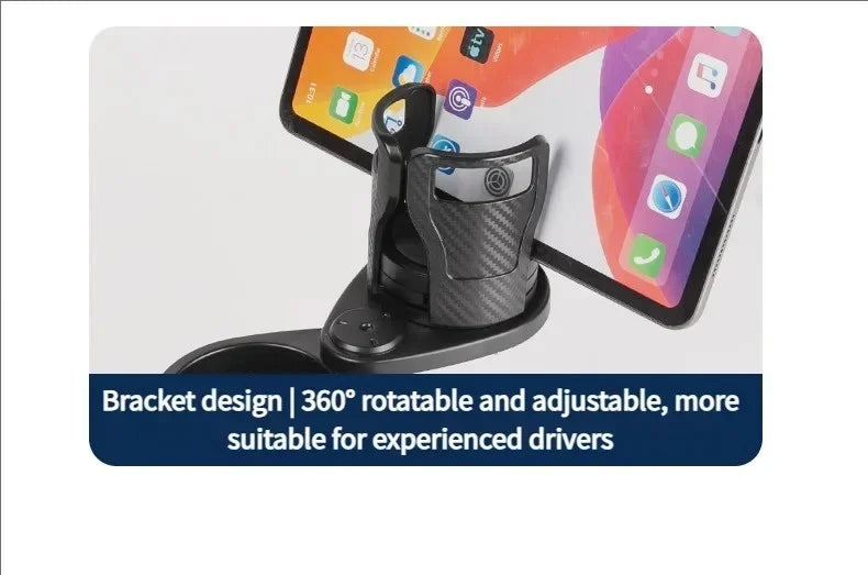 A black phone mounting bracket with a carbon-fiber textured grip, shown holding a smartphone. A dark blue banner at the bottom contains white text reading 'Bracket design | 360° rotatable and adjustable, more suitable for experienced drivers'.