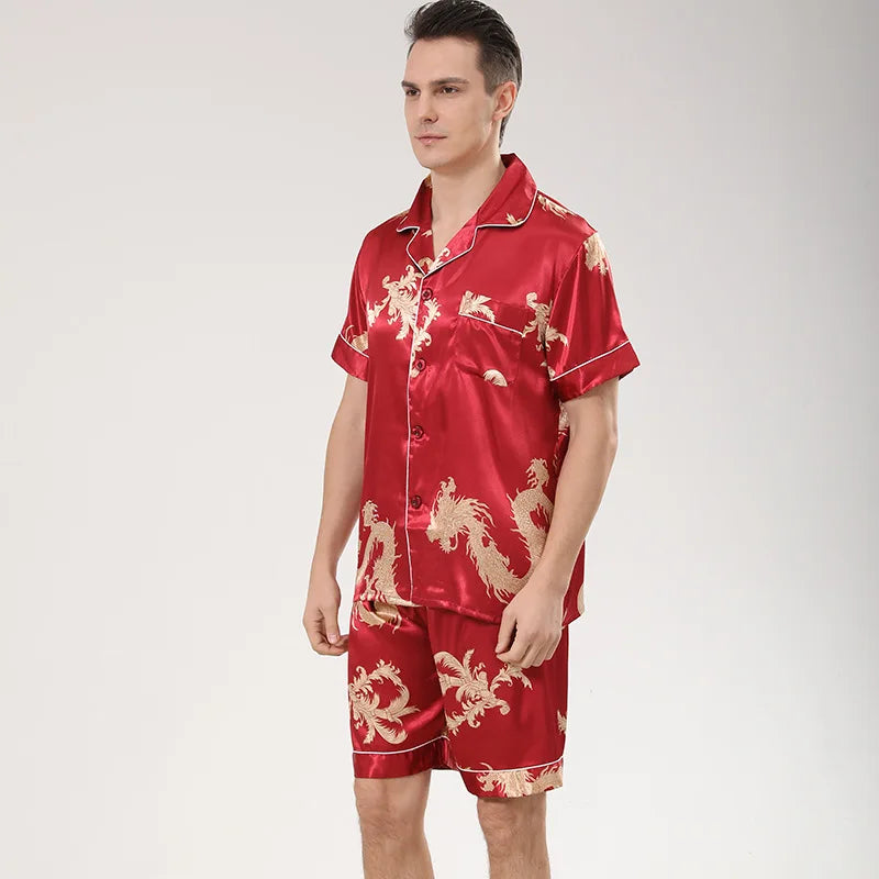 Men's Dragon Print Satin Pajama Set — Lapel Shirt & Shorts