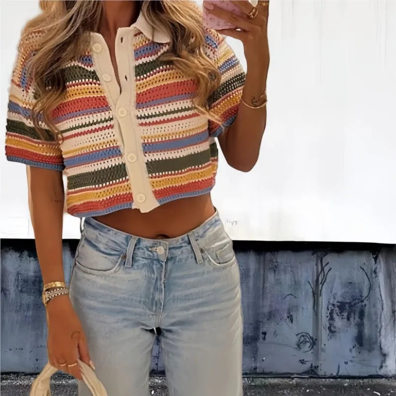 Women's Y2K Crochet Knit Crop Sweater & Shorts Set – Polo Collar Striped Patchwork Hollow Out