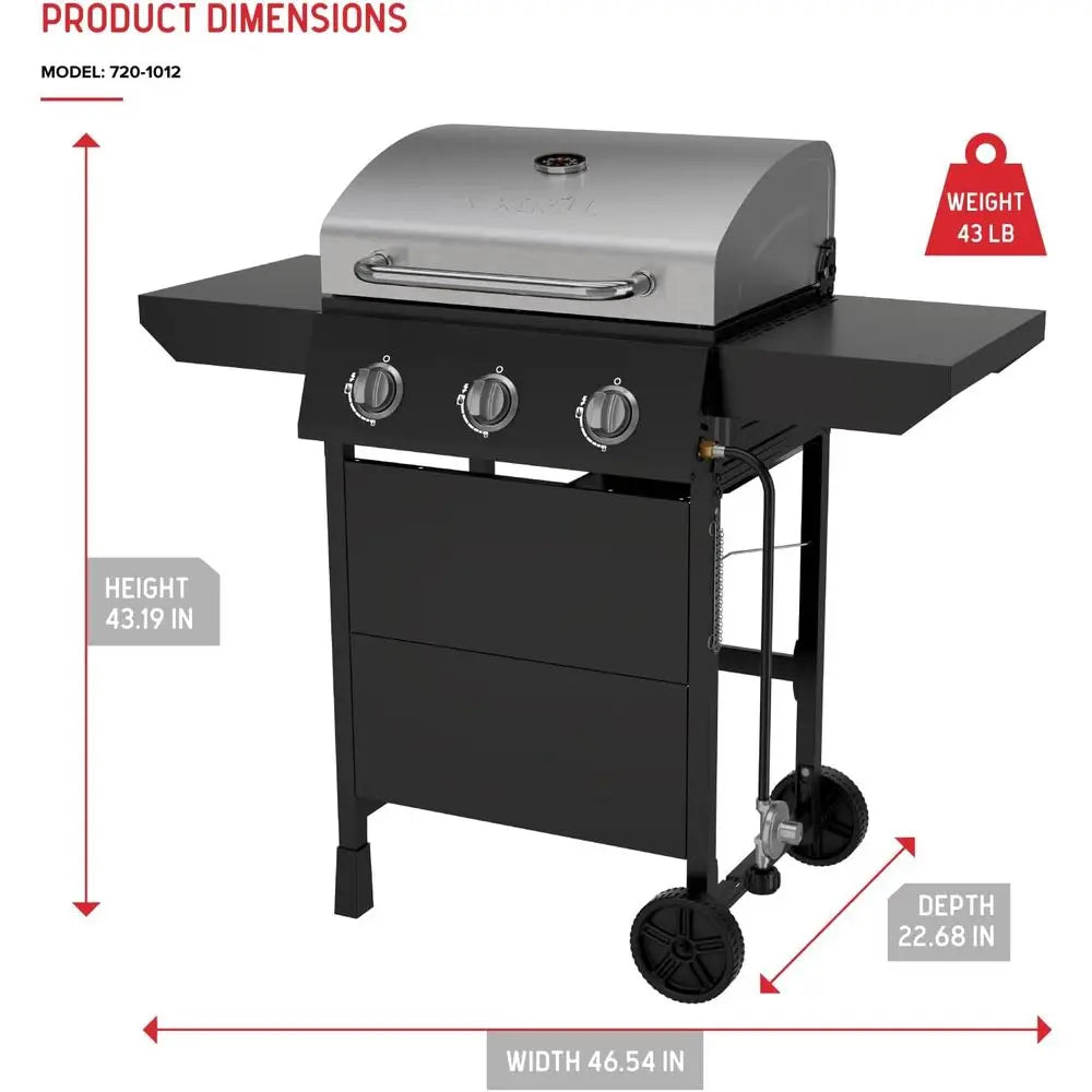 Triple Burner Propane Grill | 27,000 BTU, 429 Sq. In. Cooking Area, Stainless Steel Lid, Porcelain Grates, Side Shelves, Warming Rack