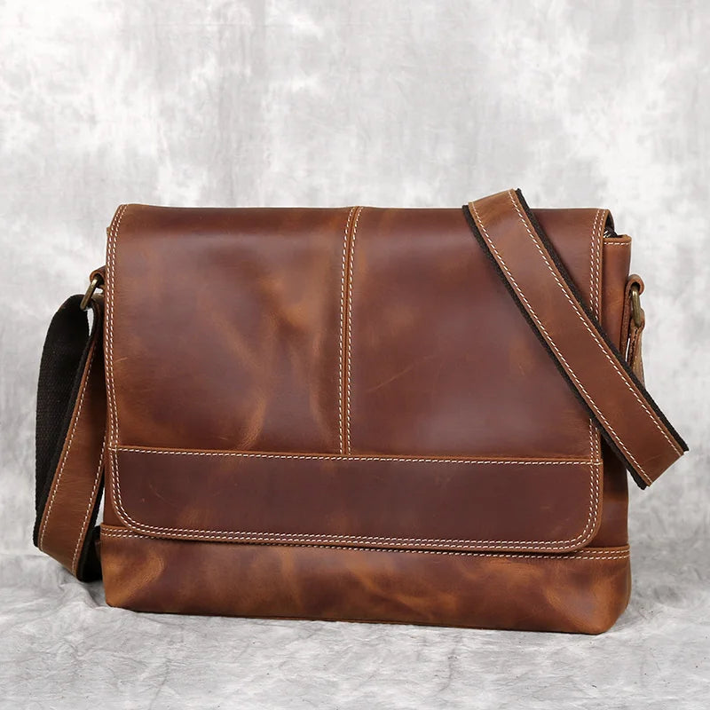 NZPJ New Leather Men's Shoulder Bag Retro Top Layer Cowhide A4 File Men's Bag Brown Handmade Crazy Horse Leather Messenger Bag
