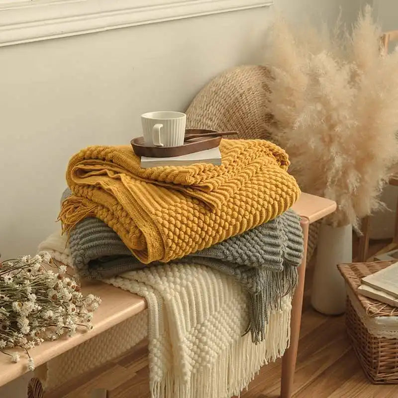 Knitted Acrylic Throw Blanket with Tassels – Chunky Farmhouse Style, 28 Colors & 2 Sizes