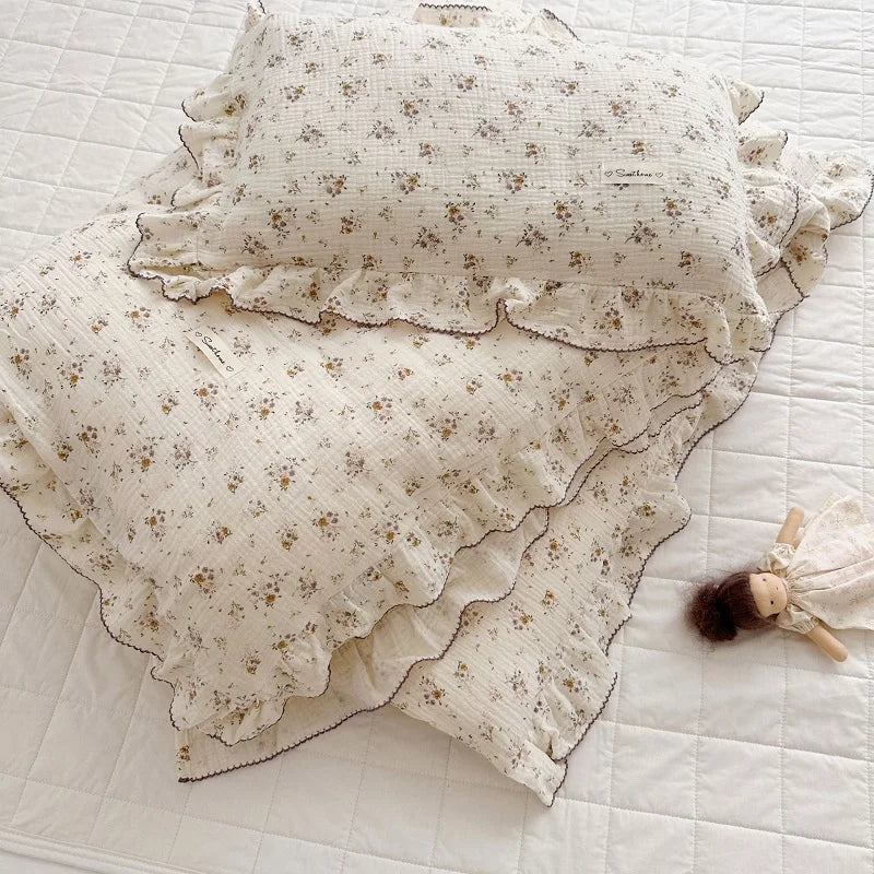 Princess Ruffle Bedding Set – 100% Cotton Gauze Duvet Cover with Pillowcases, Floral, 3-Piece