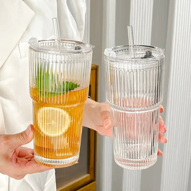 600ml Striped Borosilicate Glass Cup with Lid & Straw – Clear Iced Coffee & Smoothie Glass, CE Certified