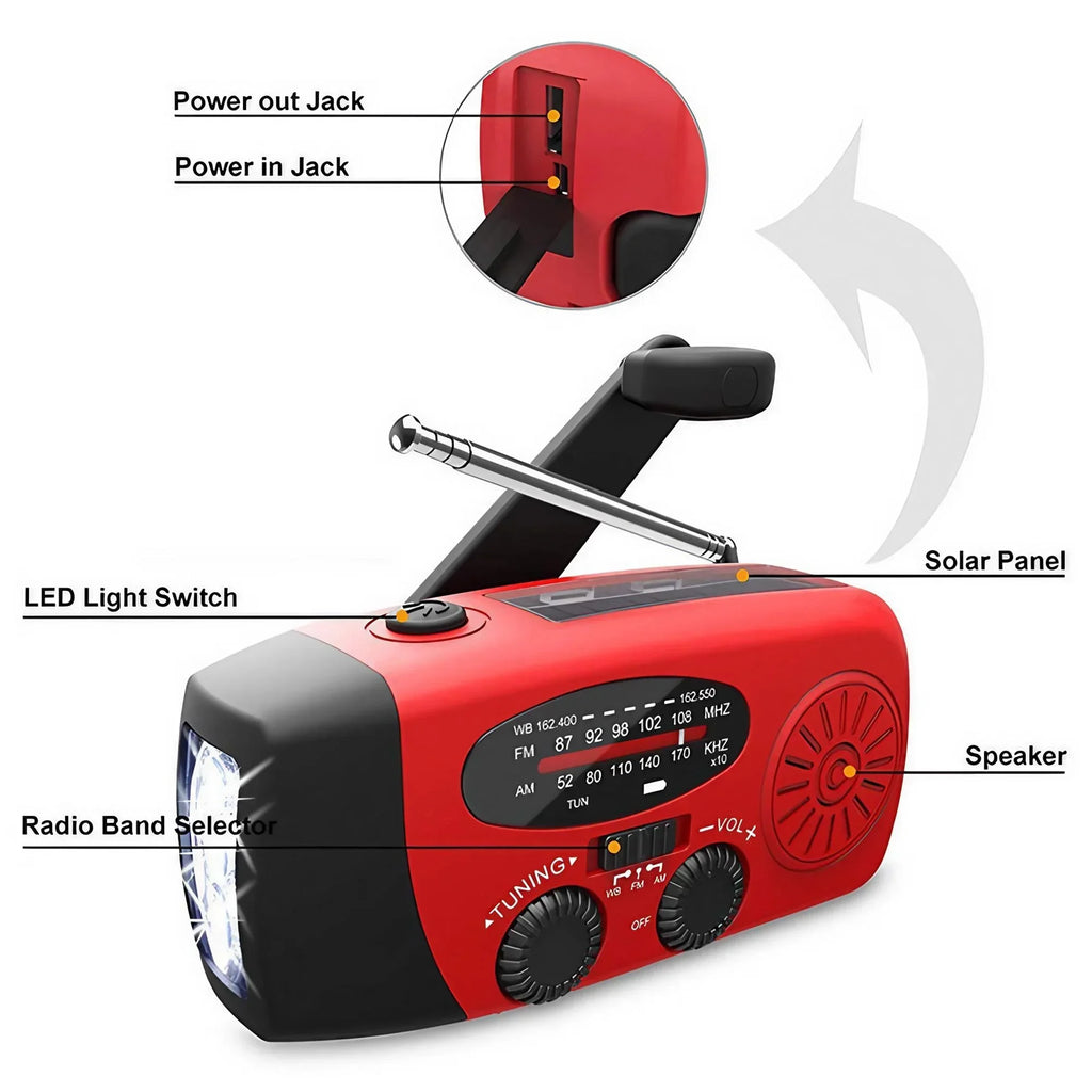 Emergency Weather Radio — FM/AM/WB, Hand Crank Solar, 2000mAh Power Bank & LED Flashlight