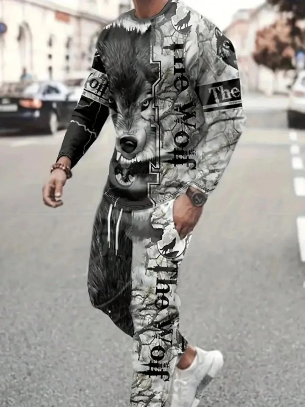 Men's Lion Print Long Sleeve T-Shirt & Drawstring Pants Set – Breathable 2-Piece