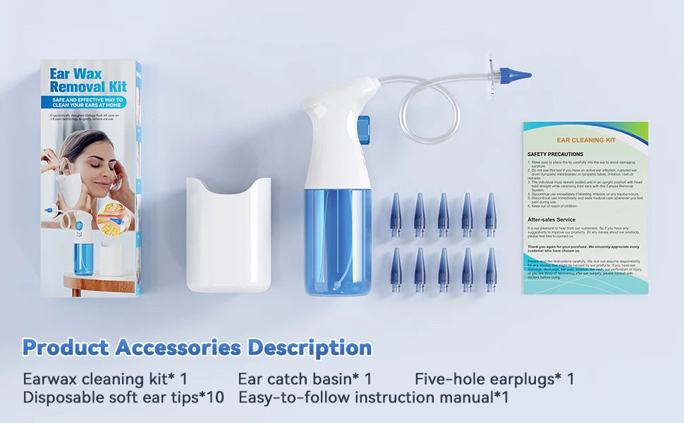 Ear Wax Removal Kit – Manual Ear Irrigation & Flushing System with Basin, 10 Tips & 5-Hole Nozzle