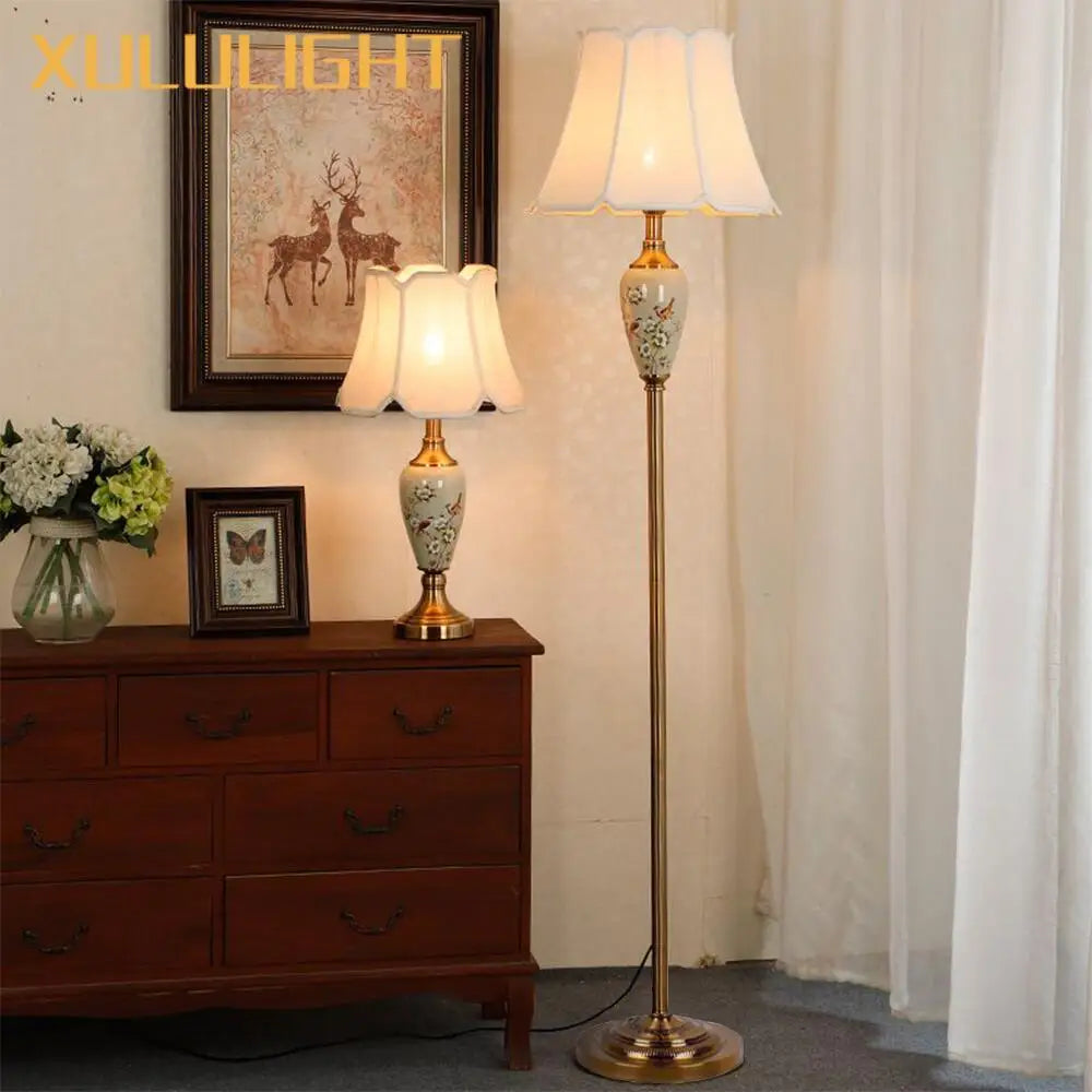 Ceramic Floor Lamp – Fabric Shade & LED Lighting