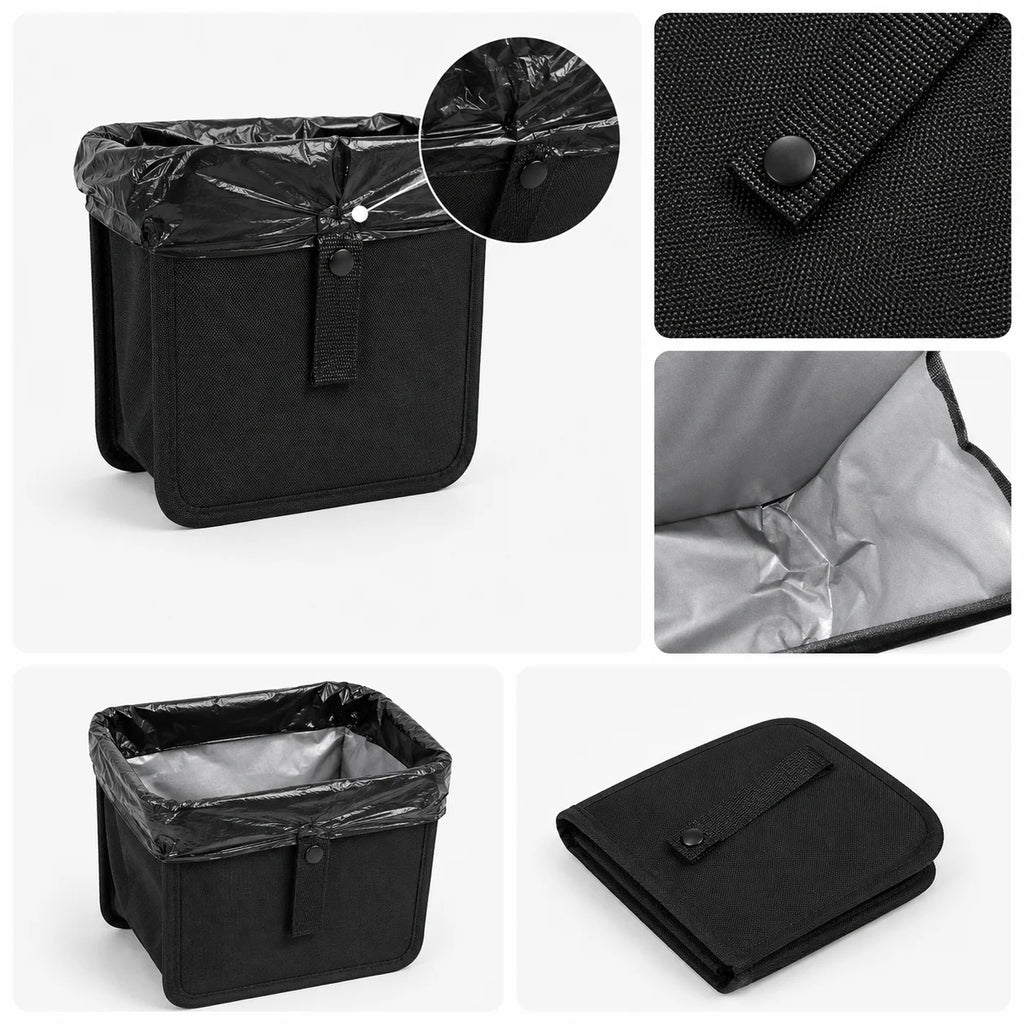 Black fabric rectangular trash can with a plastic liner, shown in multiple views including a close-up of the liner attachment, interior lining, and folded state.