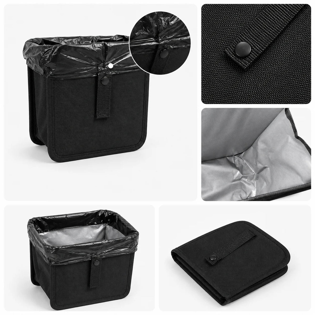 Black fabric rectangular trash can with a plastic liner, shown in multiple views including a close-up of the liner attachment, interior lining, and folded state.