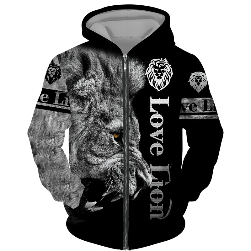 Men's 3D Lion Print Zip-Up Hoodie & Elastic Waist Pants Tracksuit Set