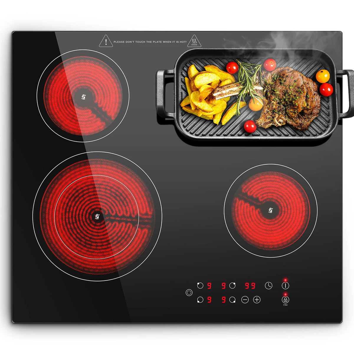 2-Zone Ceramic Hob – 3000W, Child Lock, 9 Heat Levels, 1-99 Min Timer, 60cm Black Glass (CE Certified)