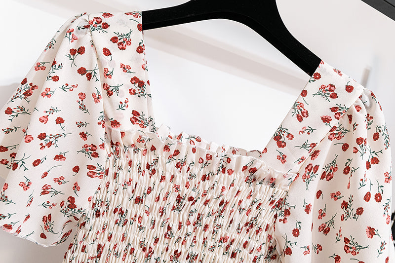 Women's Chiffon Floral Pleated Midi Dress – Short Sleeve Elastic Waist Backless Casual Dress