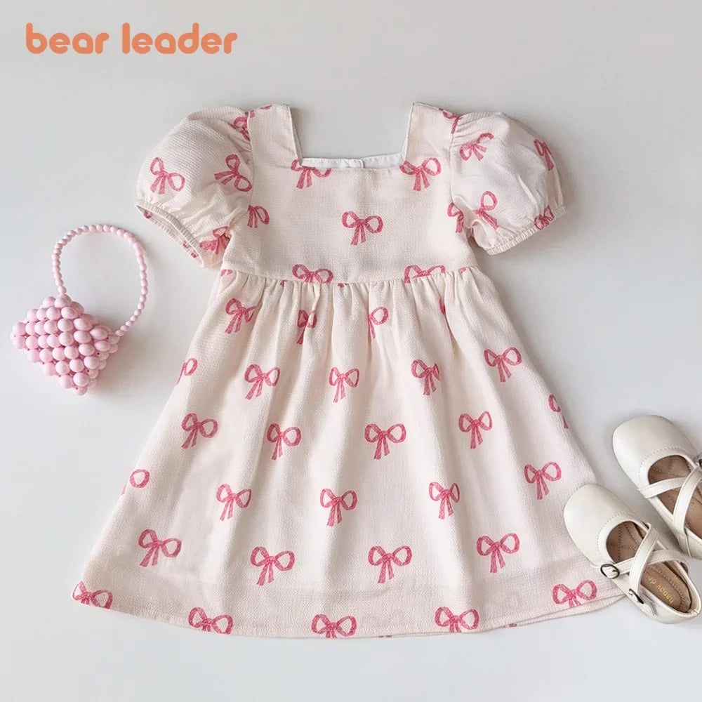 Bow Print Girls Casual Dress — Short Sleeve Sweet Summer Dress (3–7 Years)