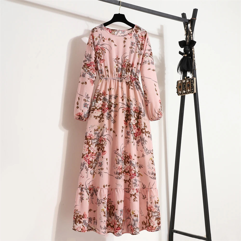 Women Long Dresses Spring Summer Casual Full Sleeve Floral geometry Printed O neck Woman Bohe Beach Party Dress Mujer Vestidos