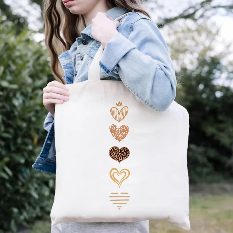 Large Capacity Canvas Shoulder Bag – Harajuku Watercolor Heart Print Shopper Tote