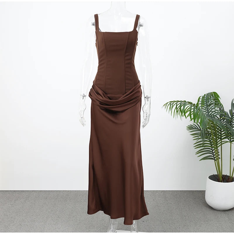 Brown Square-Neck Pleated Mini Dress — Sleeveless Backless Bodycon Club Dress