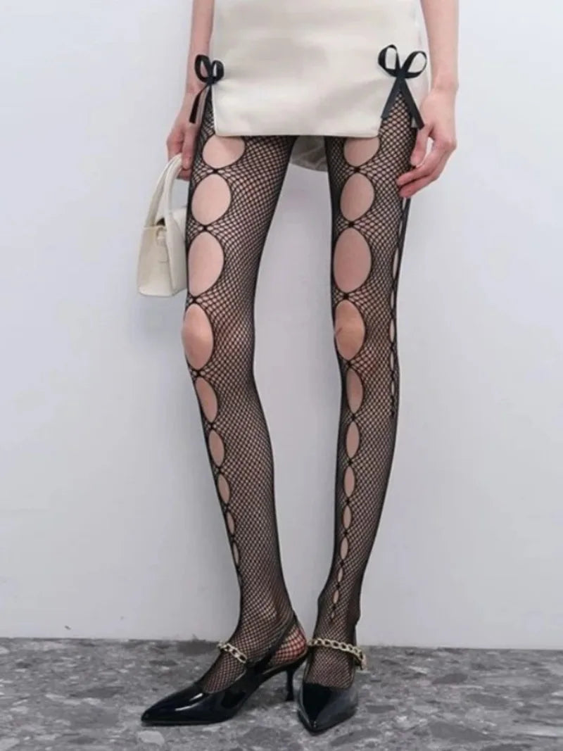 Gothic Fishnet Pantyhose – Ripped Lace Silk Stockings Y2K Punk Hollowed-Out Retro Tights