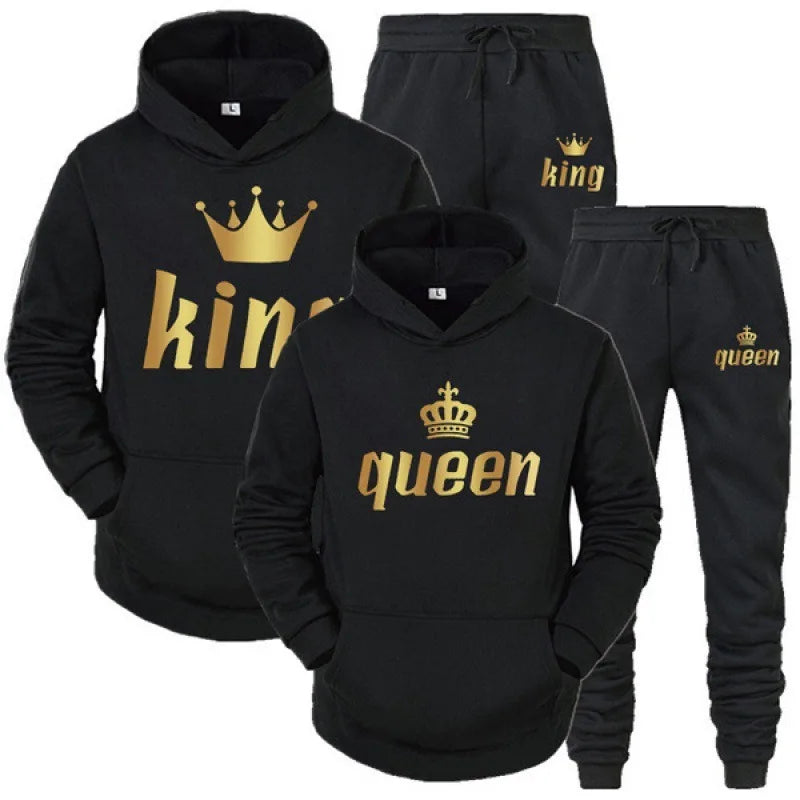 King & Queen Print Hoodie & Pants Set – Couple Autumn Winter Long Sleeve 2-Piece Suit