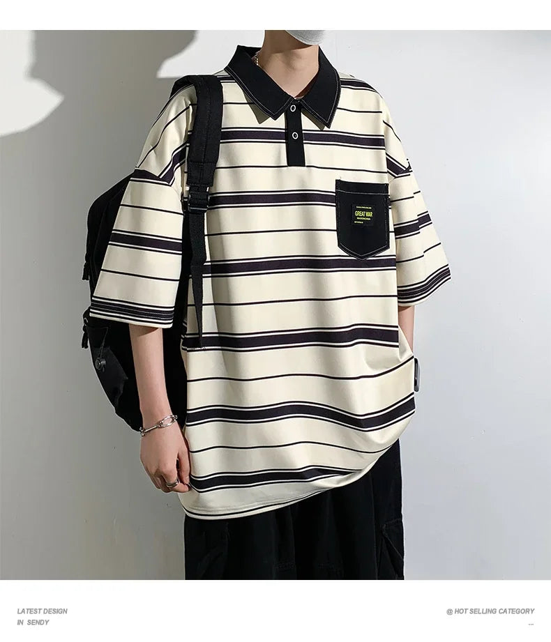 Men's Striped Polo Shirt — Loose Fit Short Sleeve Casual Summer Top