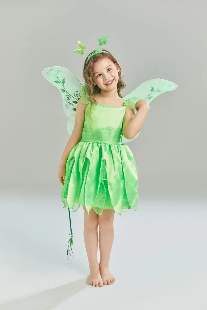 Tinkerbell Fairy Princess Dress — Green Elf Costume with Wings for Girls