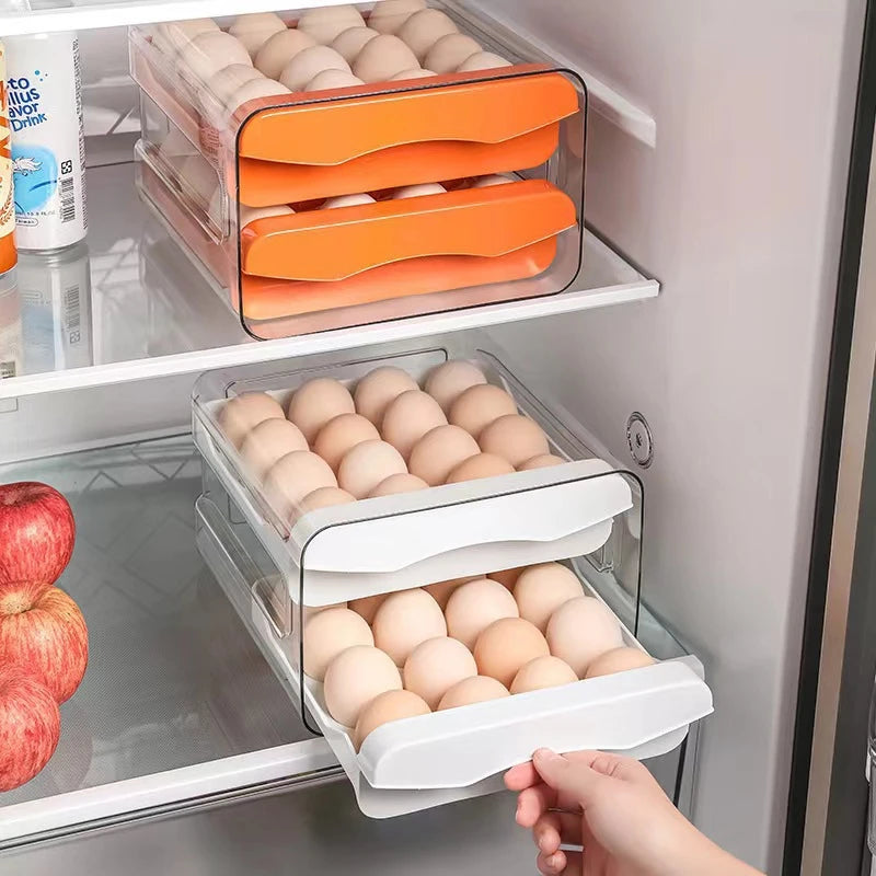 2-Layer Drawer Egg Storage Box – 32-Grid Fridge Egg Organizer, Dust-Proof & Stackable