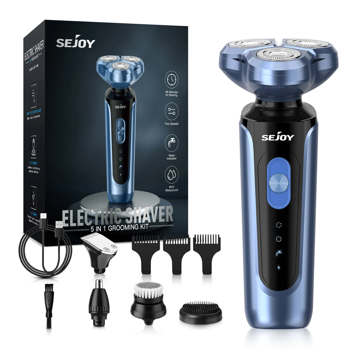 SEJOY 5-in-1 Rotary Electric Shaver for Men – IPX7 Waterproof, 90-Min Runtime, USB Fast Charge