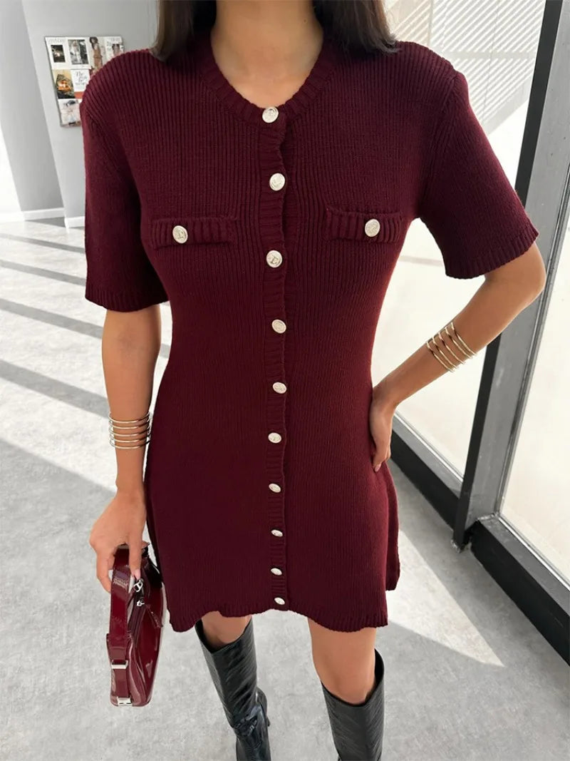 Elegant Knit Rib Mini Dress — High Waist Short Sleeve Bodycon Sweater Dress